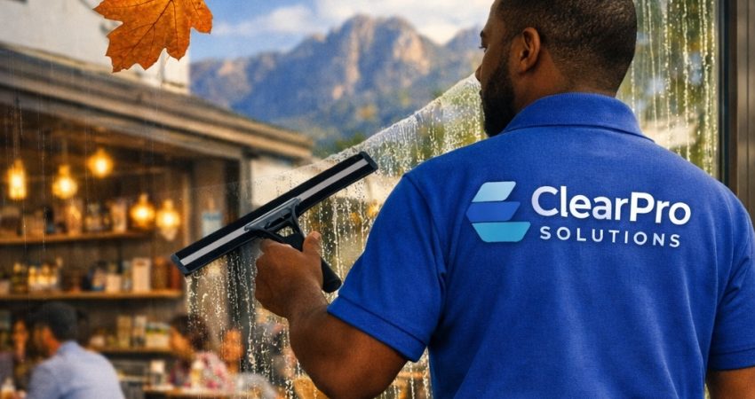 “ClearPro Solutions providing professional exterior window cleaning for a retail storefront, using a water-fed pole system to leave the front glass streak-free and spotless in Stellenbosch and somerset west.