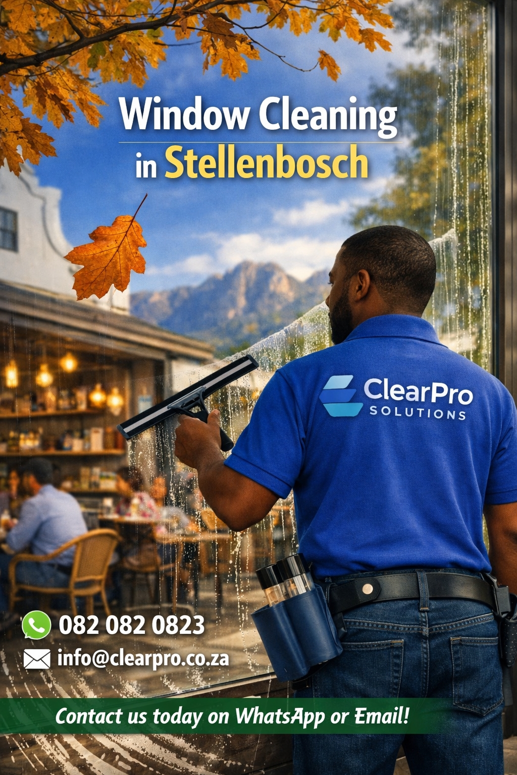 “ClearPro Solutions providing professional exterior window cleaning for a retail storefront, using a water-fed pole system to leave the front glass streak-free and spotless in Stellenbosch and somerset west.